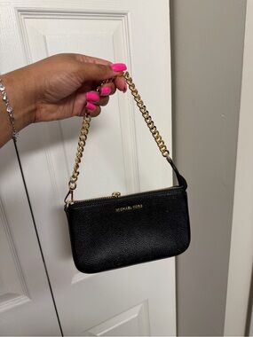 Michael Kors Black Pebbled Leather Mini Wristlet with Gold Chain
